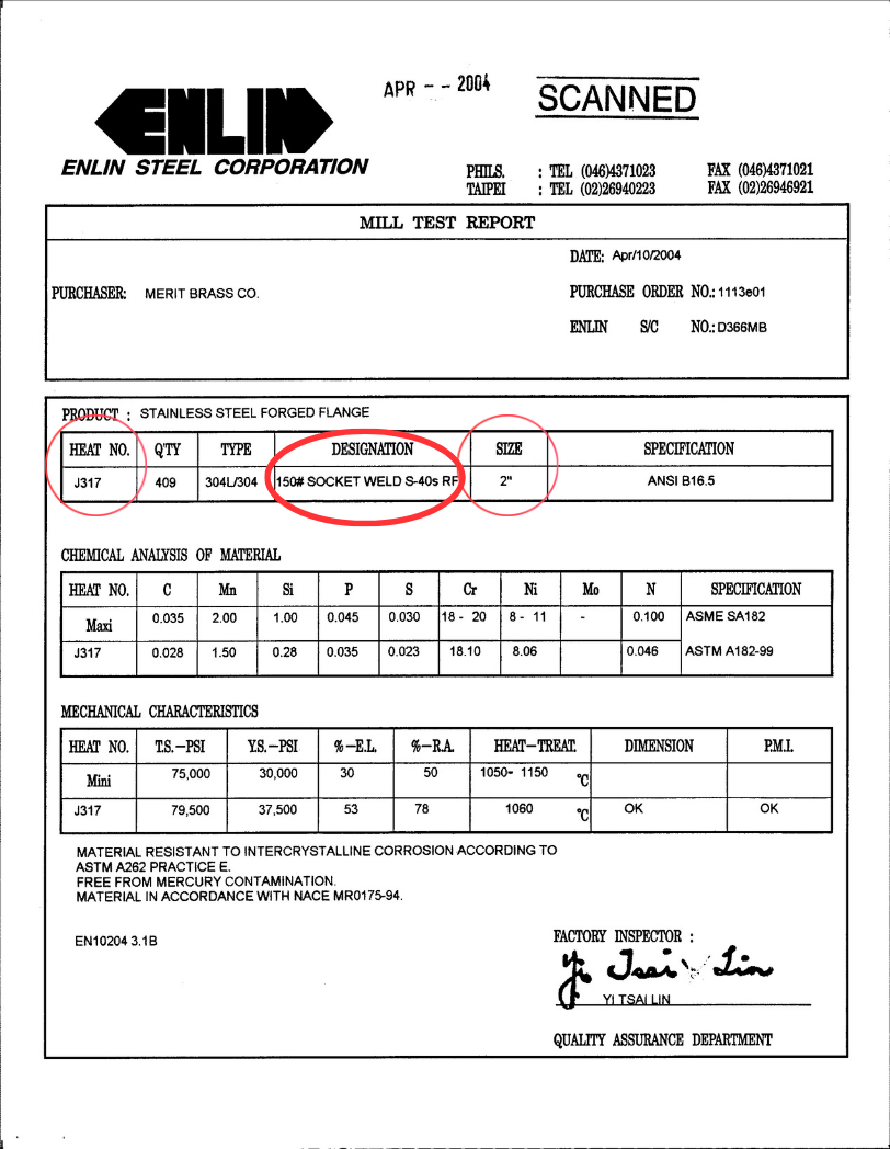 Material Test Report with heat number highlighted