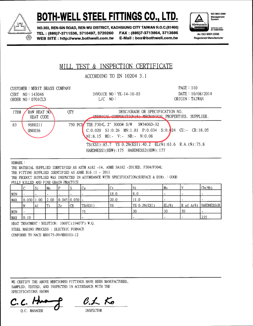 Material Test Report example from supplier with heat number highlighted