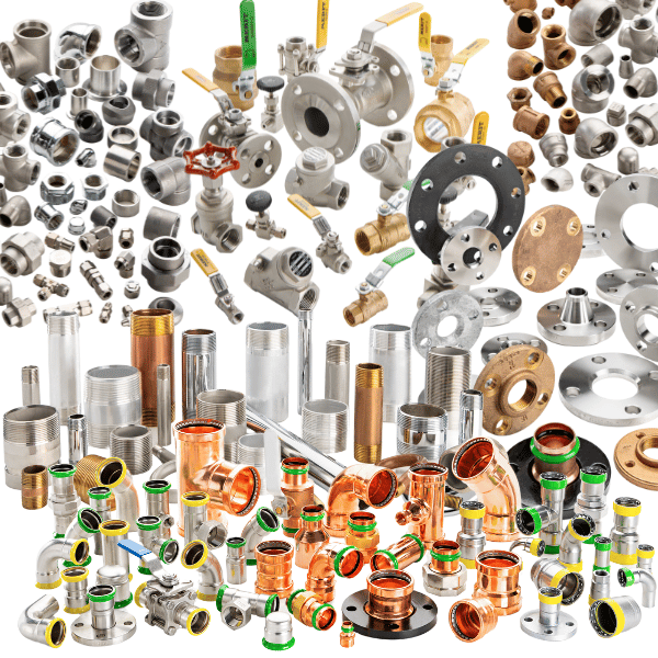 Merit Brass Products of Merit showing PVF product categories including pipe, fittings, valves, flanges, tubing, pipe nipples, and thread tape