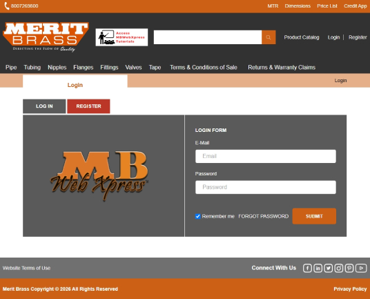 MBWebXpress online customer portal for Merit Brass products and ordering