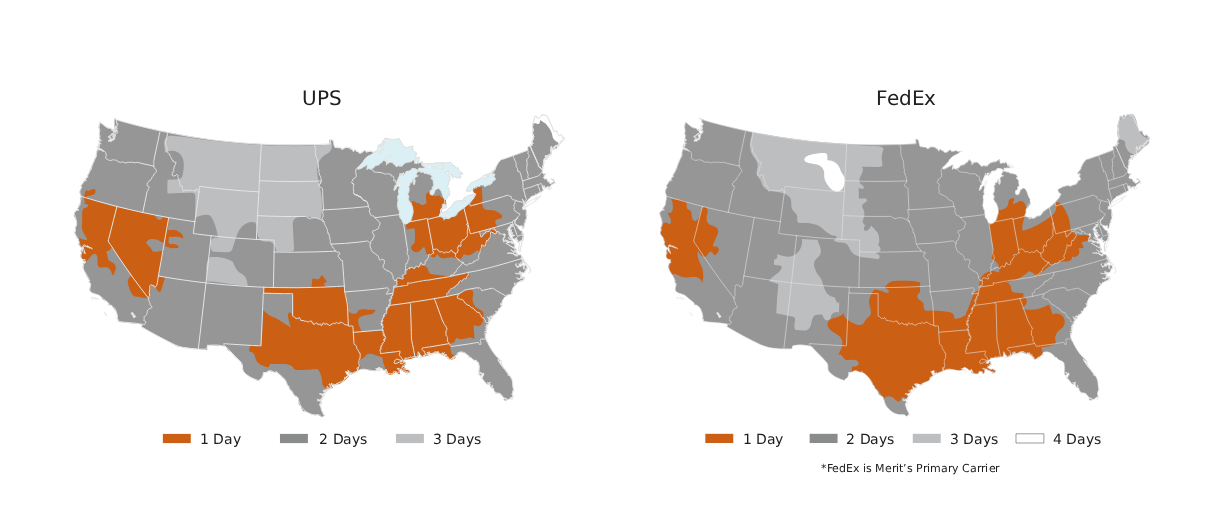 Estimated UPS and FedEx ground shipping times from the Sparks Distribution Center